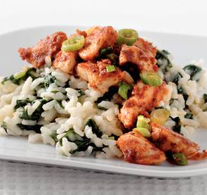 Gewokte kalkoenfilet met pesto en spinazierisotto